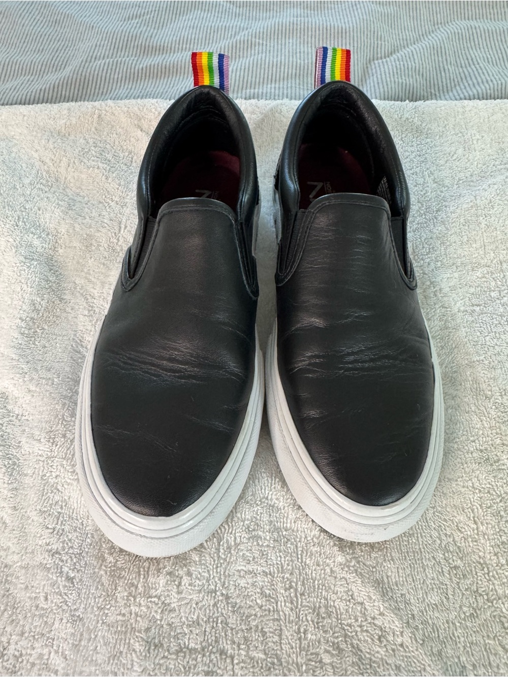 Mark Nason EUC leather upper Black Slip-On Sneakers with Rainbow pride Heel Tabs